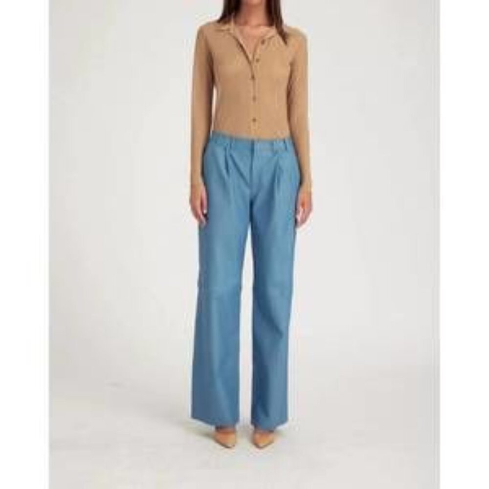 NEW SPRWMN deep pleat leather trousers in chambray blue - Picture 4 of 4